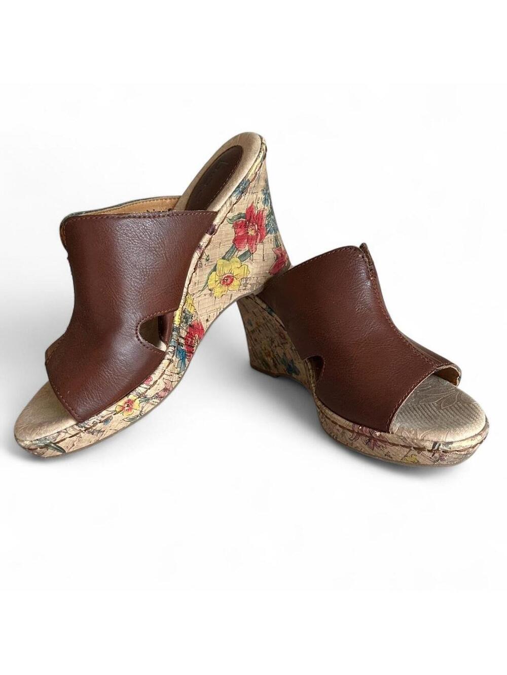 b.o.c. Born Diana Women’s 8 Leather Floral Cork Wedge Slide Sandals Brown